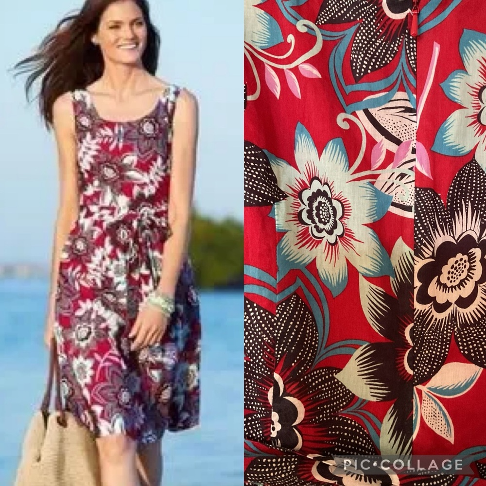 Talbots Jacobean red floral tie waist flare dress size 8 petite